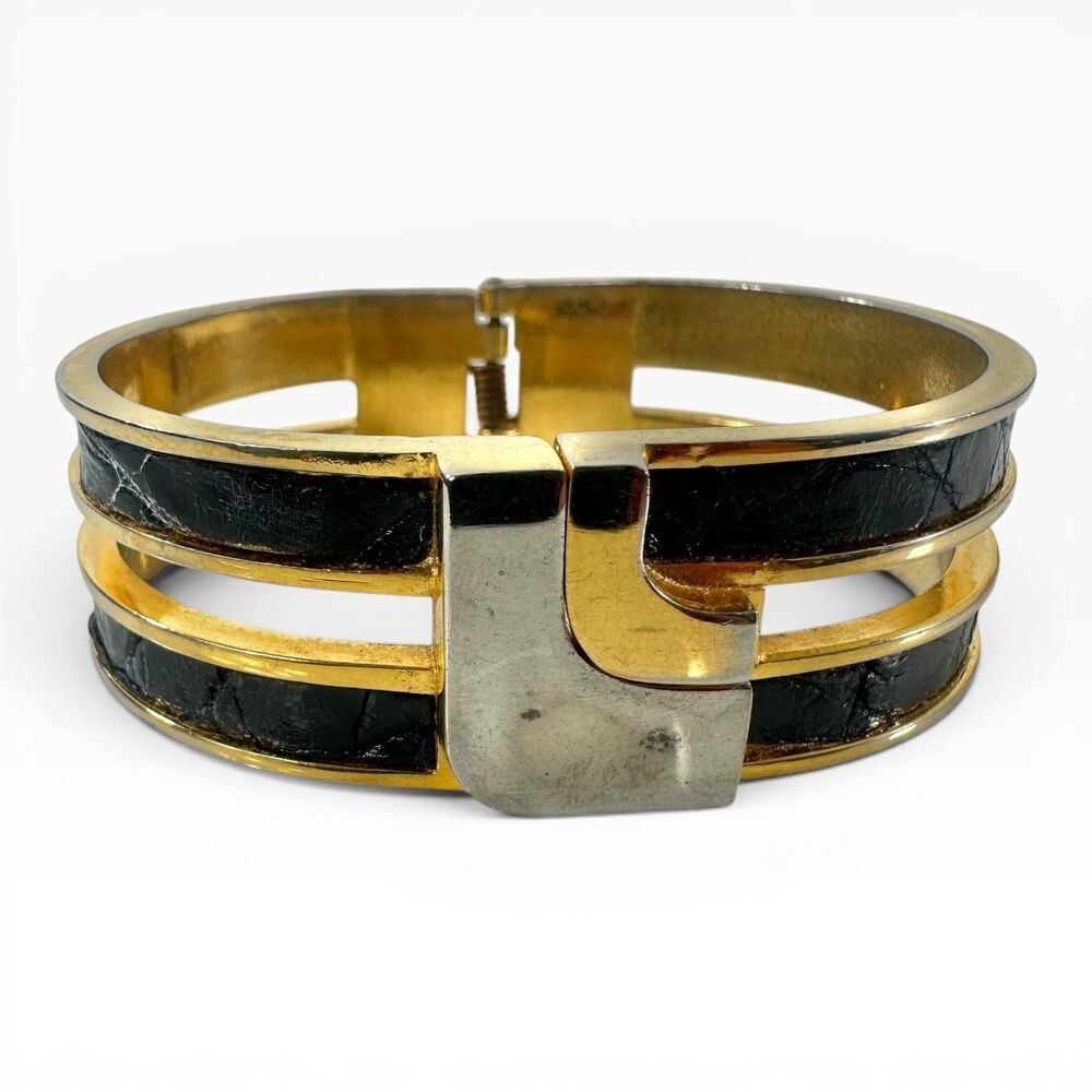 Loewe Gold Tone Black Leather Hinged Bangle Cuff Bracelet 7in Logo Designer